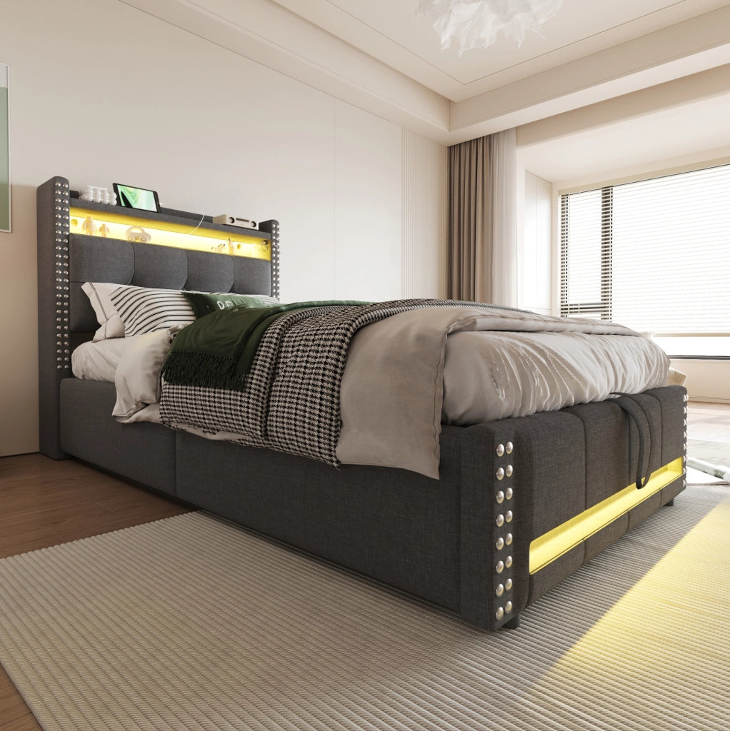 Letto imbottito per bambini 90x200 cm con LED, USB e contenitore idraulico grigio