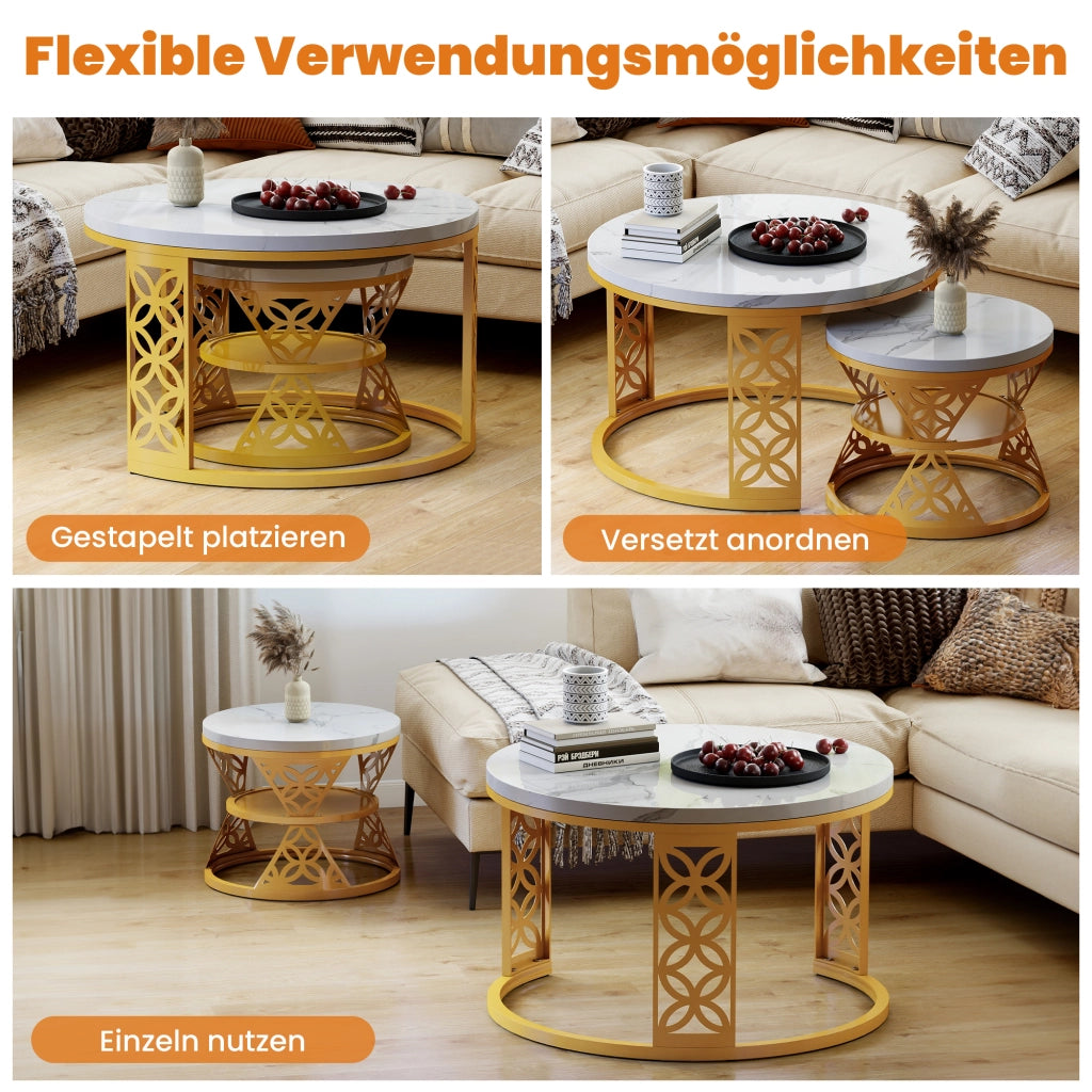 TAVOLINO DA CAFFÈ Set 2 Pezzi 70x70x45 cm Effetto Marmo Bianco con Struttura Color Oro