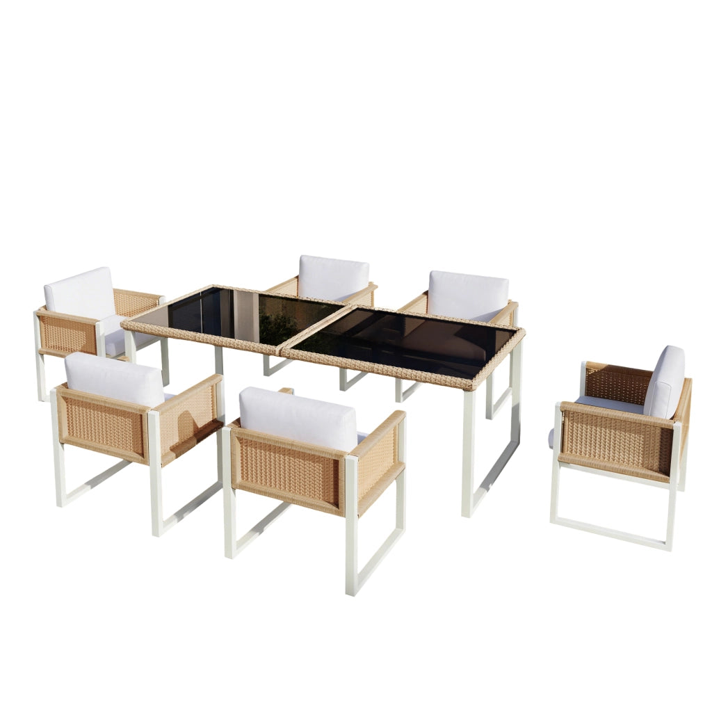 Set da pranzo per esterni con tavolo in vetro temperato e 6 sedie in rattan marrone e bianco