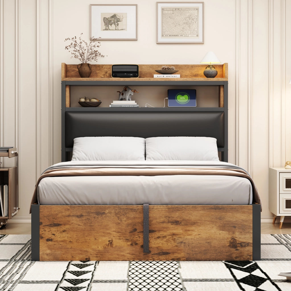 Letto singolo 90x200 cm con contenitore idraulico, USB e testiera imbottita nero