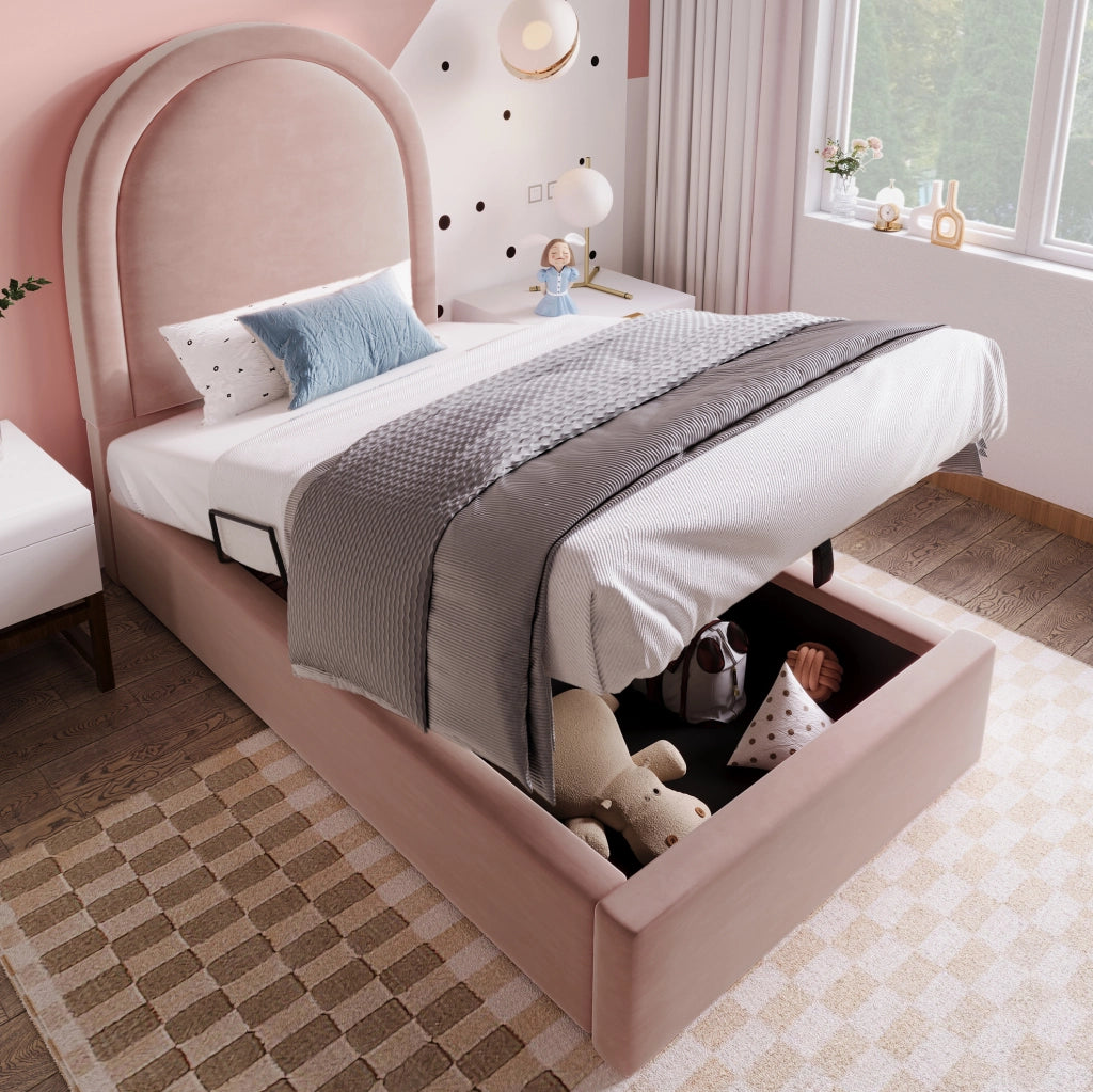 Letto imbottito singolo 90x190 cm con contenitore; velluto rosa