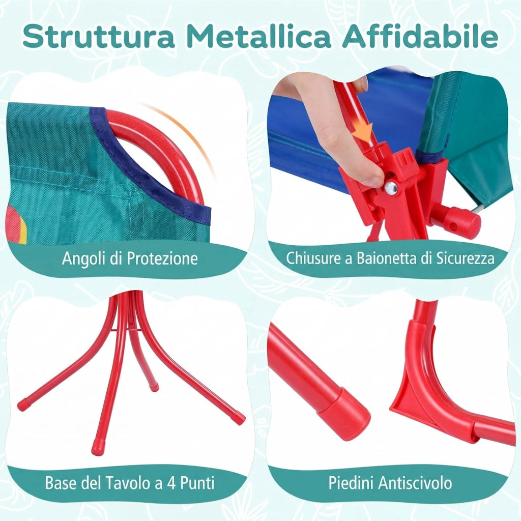 Set Tavolo e Sedie da Giardino per Bambini 3+ Anni con Ombrellone | Set da Esterno 4 Peezi Regolabile in Altezza con Tavolino Rotondo, 2 Sedie Pieghevoli e Ombrellone per Campeggio e Picnic