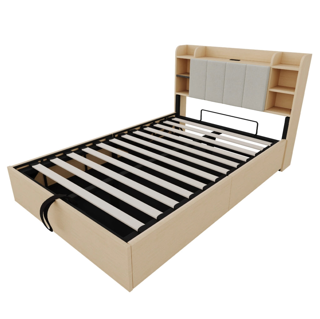 Letto con contenitore idraulico 140x200 cm in MDF; legno naturale; con testiera portaoggetti e USB