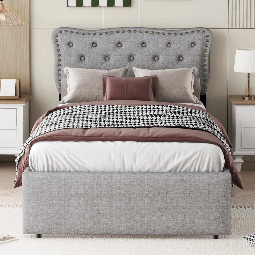 OKWISH Letto Singolo 90×200 cm con 2 Cassetti, Testiera Regolabile e Borchie Decorative, senza Materasso, in MDF e Lino, Grigio