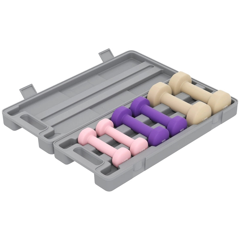 Set di manubri, set da 6 pezzi con custodia, pesi (0,5 kg, 1 kg, 1,5 kg), regolabili per uso domestico e in palestra.