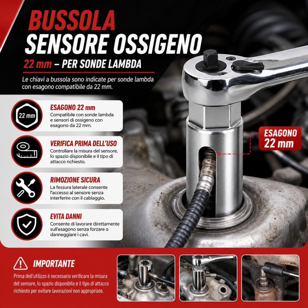 Set di 5 Chiavi per Sonde Lambda 22mm con Attacco da 3/8" e 1/2"