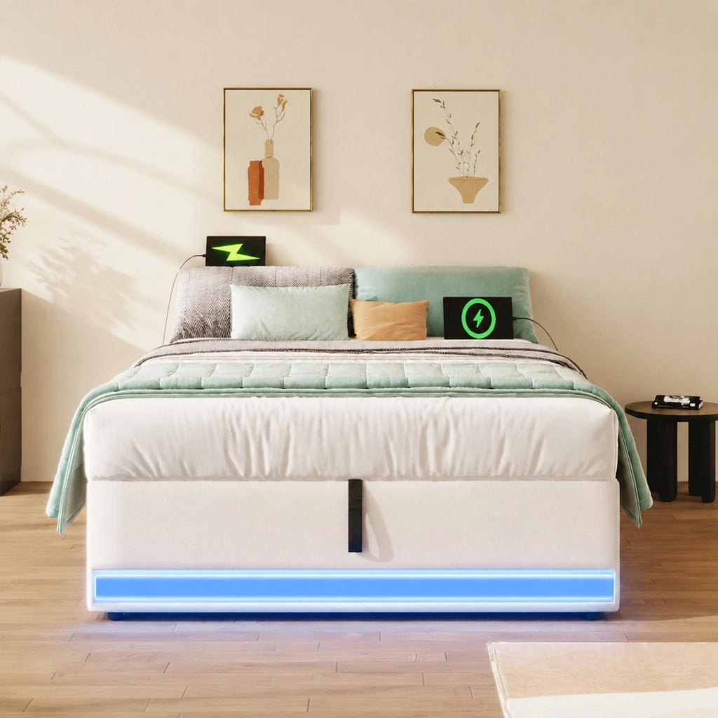 Letto imbottito 90x200 cm in lino con LED; porte USB e Type-C; contenitore idraulico; beige