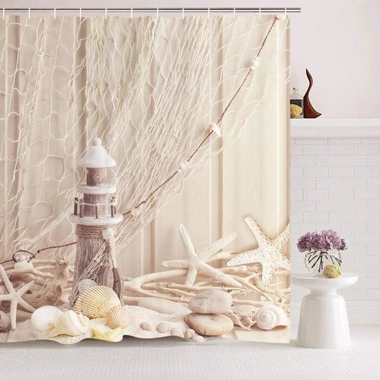 Douchegordijn acqua resistente - Sostenibile - 180 x 200 cm - Grandi conchiglie - Stampato digitalmente - Poliestere - Antimuffa - Adatto per la decorazione della cabina da bagno - Beige