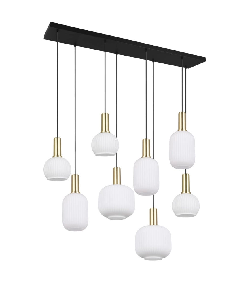 Lampadario Trio Diva nero opaco 8xE27 vetro bianco