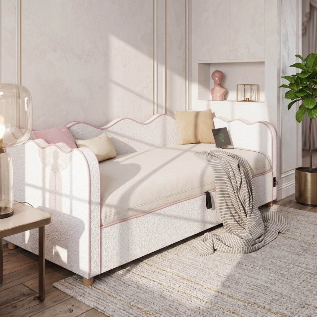 Letto contenitore singolo 90×200 cm con vano idraulico; USB e Type-C; senza materasso; bouclé beige