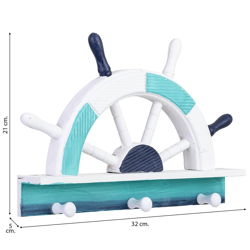 Appendiabiti da parete in legno con 3 ganci e timone blu, 32x5x21 cm