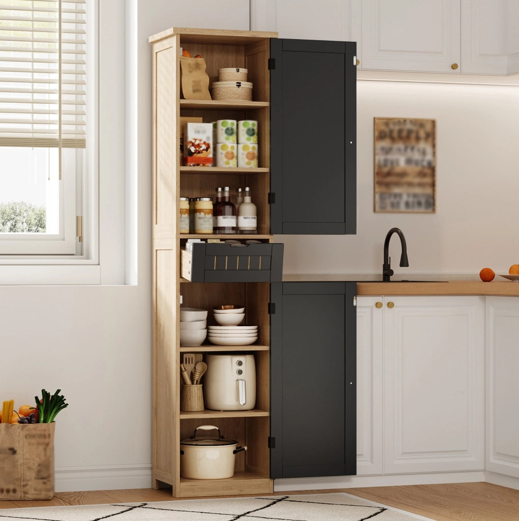 Credenza da cucina 170x40x30 cm in MDF naturale e nero; con 4 ripiani regolabili