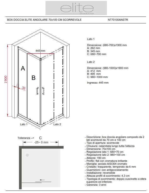 BOX DOCCIA ELITE ANGOLARE 70x100 CM SCORREVOLE TRASPARENTE