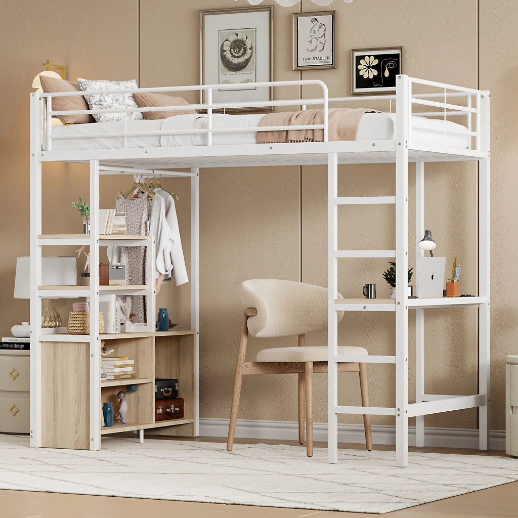 Letto a castello bianco con scrivania funzione presa usb scaffali in metallo 90x200 cm