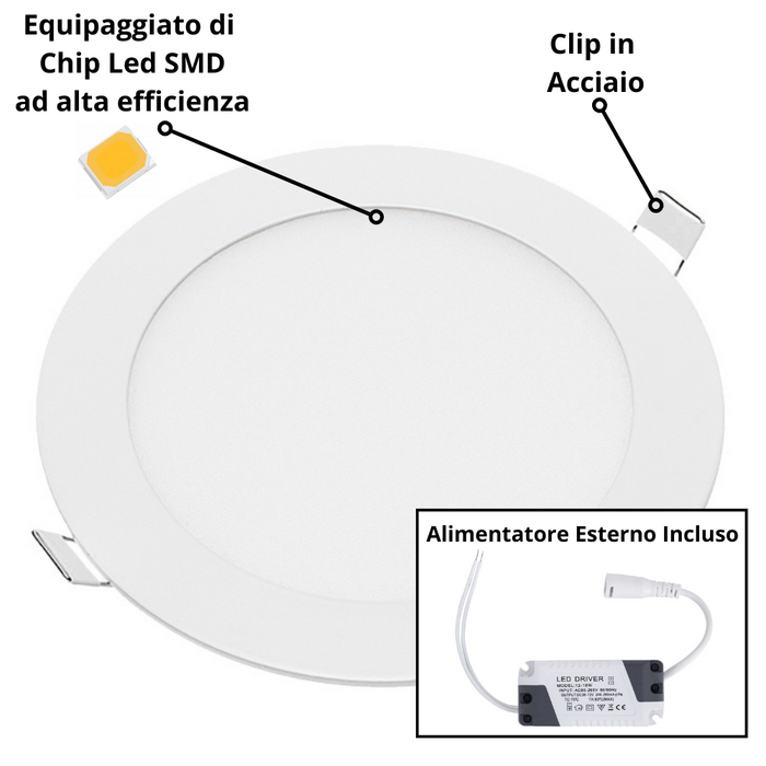 Pannello led incasso 155cm 12watt slim tondo alimentatore incluso 4500k pezzi 3