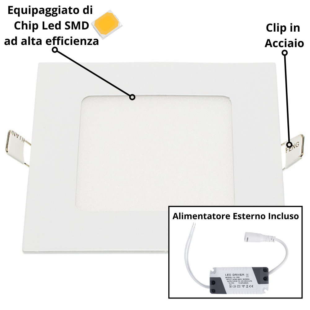 Pannello led incasso 11cm 6w slim quadro alimentatore incluso 6000k pezzi 3
