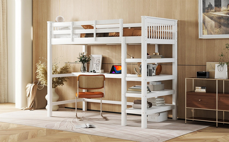 DESMIU Letto a soppalco per bambini 1 posto con scrivania, scaffali e vano 90 × 200 cm, senza materasso