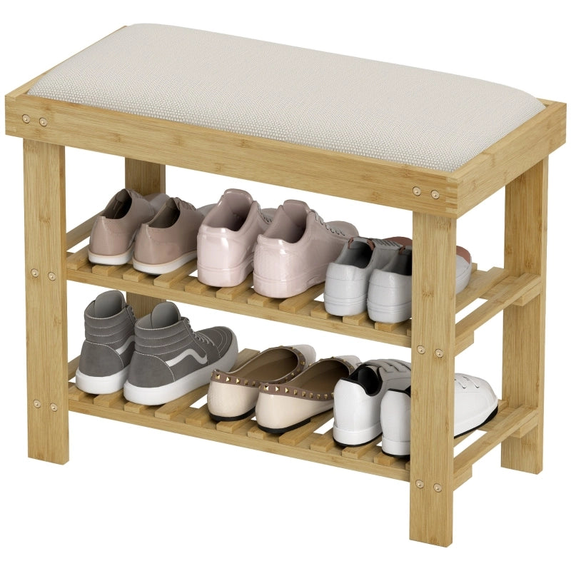 Panca da ingresso in bambù con cuscino color crema e due ripiani per scarpe 49 × 60 × 29 cm