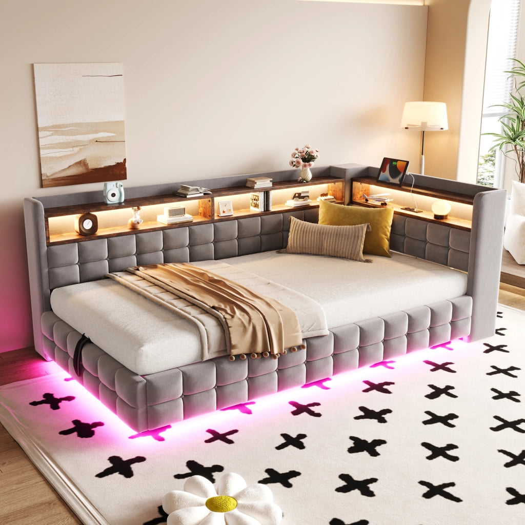 Letto contenitore singolo 90×200 cm con LED; USB e Type-C; ripiani e vano idraulico; senza materasso; grigio chiaro