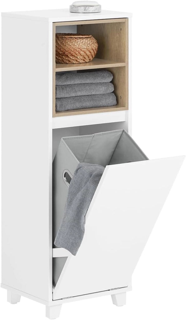 Mobile Bagno Salvaspazio con Cesto Portabiancheria – Mobiletto Cassettiera Bagno, Mobile Lavanderia Bianco, 35 x 30 x 105 cm, BZR146-W