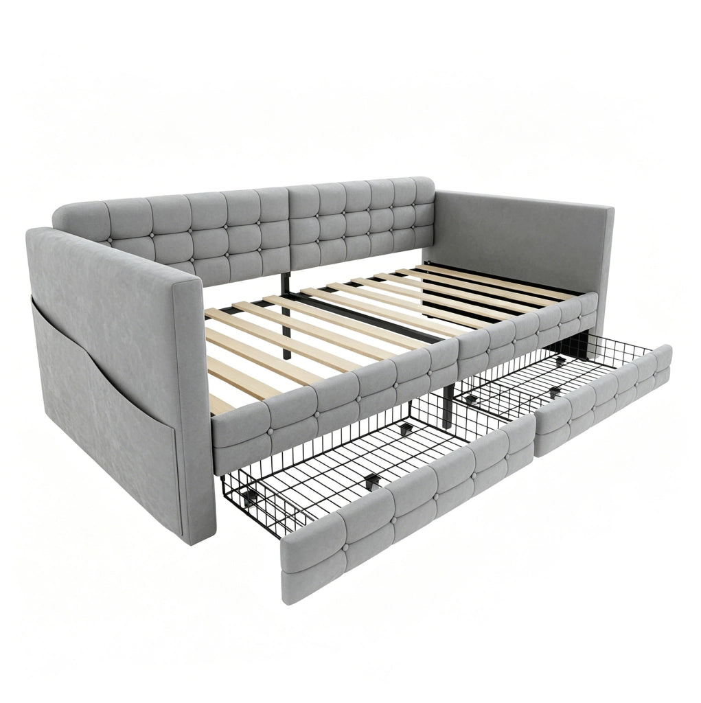 Letto imbottito 90x190 cm con contenitore e tasche in velluto grigio chiaro