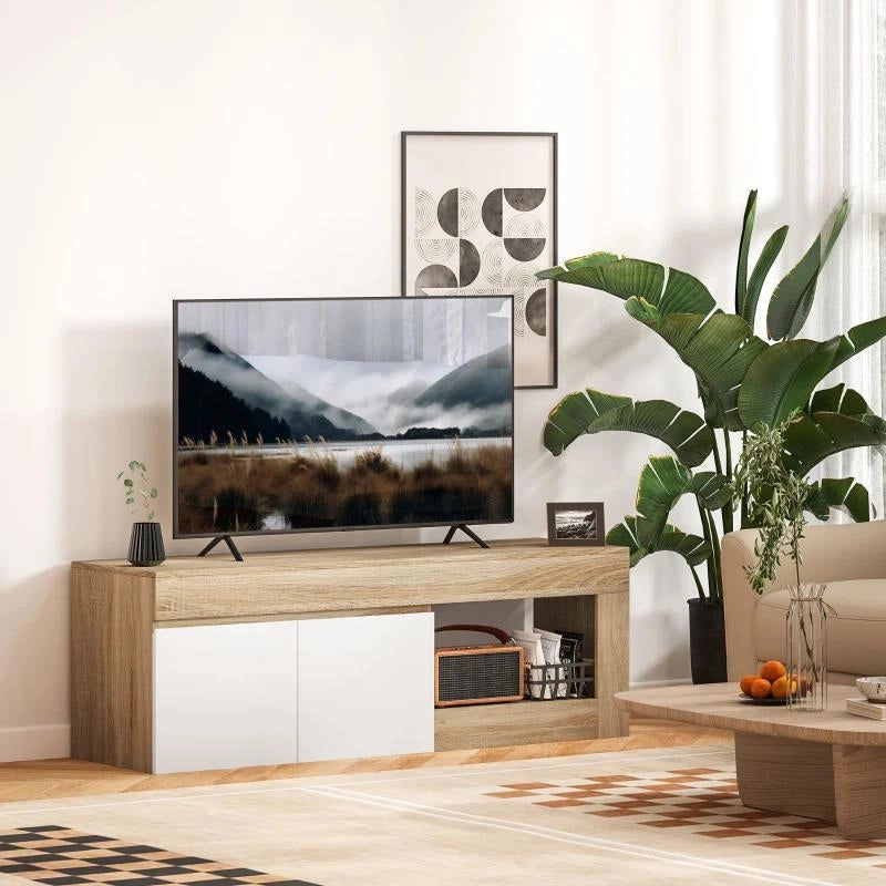 MOBILE TV MODERNO 60" MAX CON ARMADIETTO 2 ANTE E RIPIANO APERTO, 140X40X48 CM, BIANCO E COLOR LEGNO