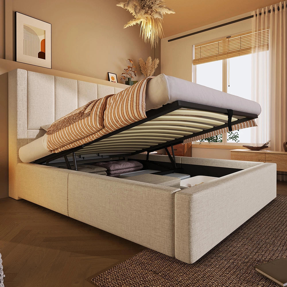 Letto imbottito-Xylo-90x200cm porta-bicchiere USB idraulico lino beige senza materasso