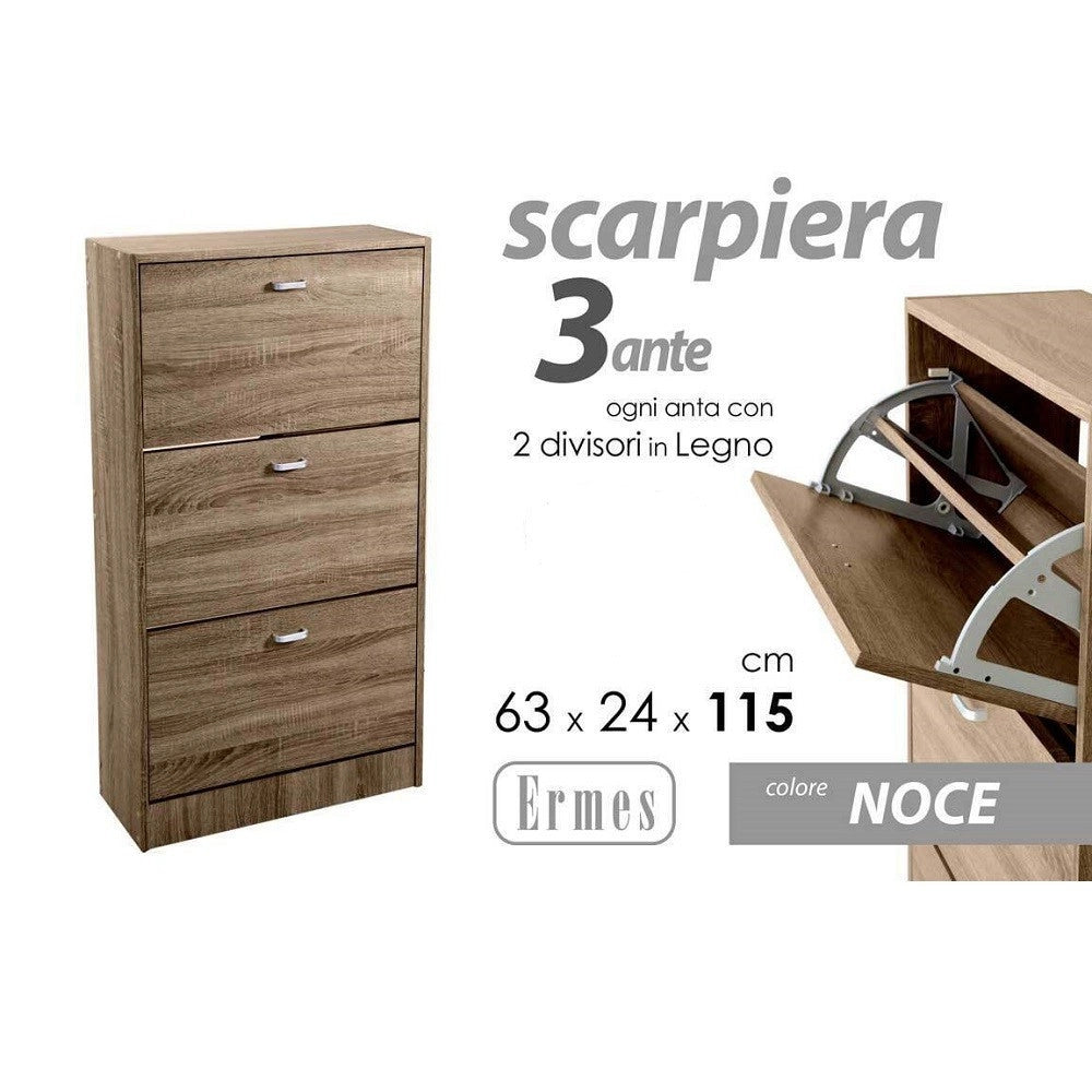 Trade Shop - Scarpiera 3 Ante Salvaspazio Slim Porta Scarpe Ingresso Noce 115x63x24cm 827631 -