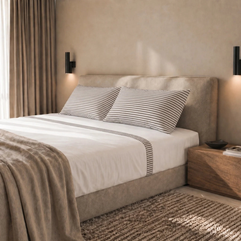 Set Lenzuola Letto Singolo in Puro Cotone | Completo Letto 1 Piazza | Lenzuolo con angoli, Lenzuolo Piano e 1 Federa | Lenzuola in Cotone con Balza a Righe Tortora