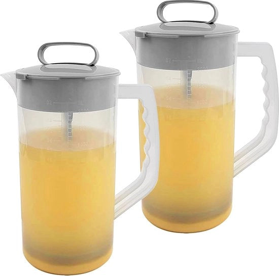 Set di 2 bicchieri per mescolare, caraffa di plastica da 2 litri con coperchio, contenitore per succo facile da miscelare, coltelli di plastica inclinati e spremiagrumi regolabile per succo, tè, bibite
