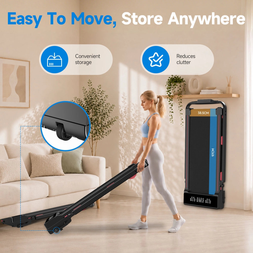 Tapis Roulant Pieghevole 2 in 1 con Corrimano e Pendenza Automatica 15%, Silenzioso  2,5CV, 1-10km/h, 150kg, Display LED, Telecomando e APP