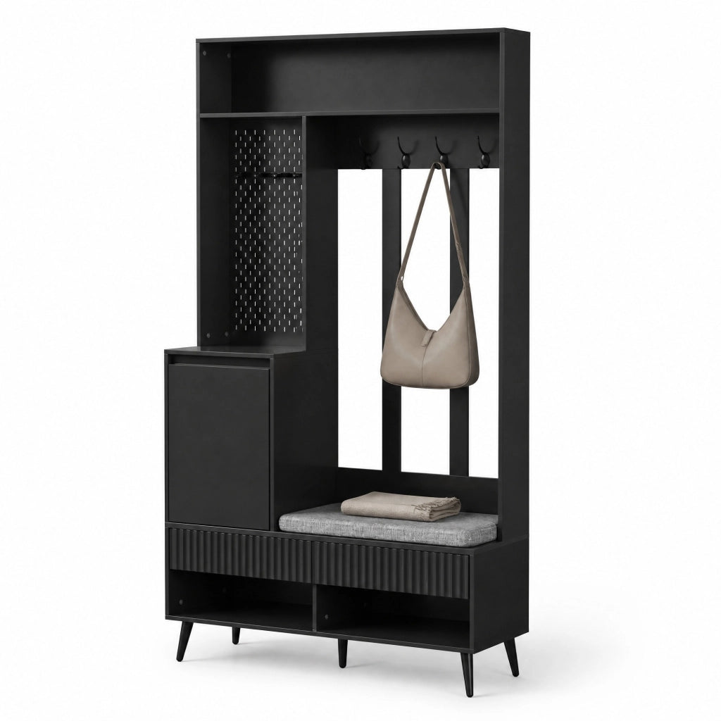 Mobile ingresso con panca; 4 ganci; 2 cassetti e vano contenitore; 100x35x180 cm; nero