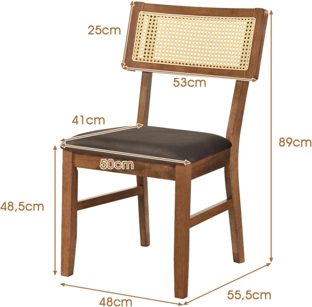 Set di 2 sedie da pranzo con schienale in rattan, sedie da cucina imbottite, portata fino a 180 kg, sedia imbottita in legno, per sala da pranzo, soggiorno, cucina, balcone (marrone)