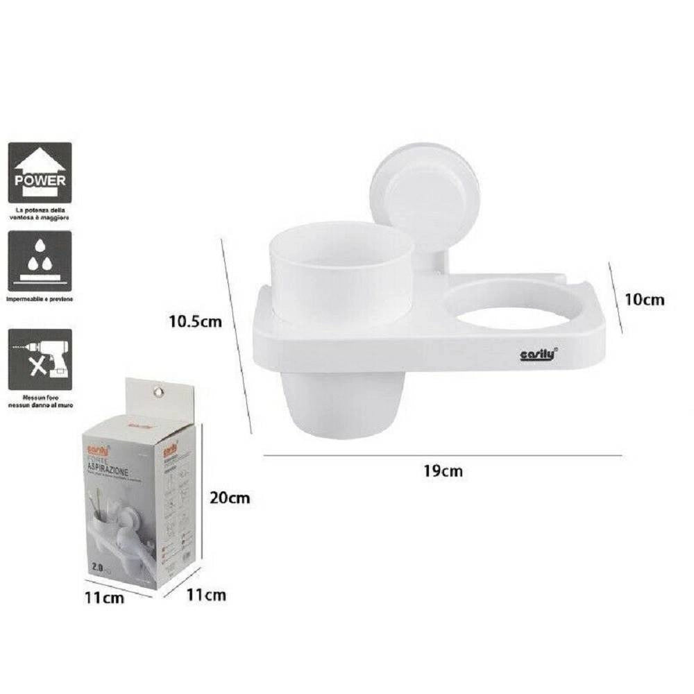 Trade Shop - Porta Phon Con Bicchiere Porta Spazzolini A Ventosa Bianco Accessori Bagno 59547 -