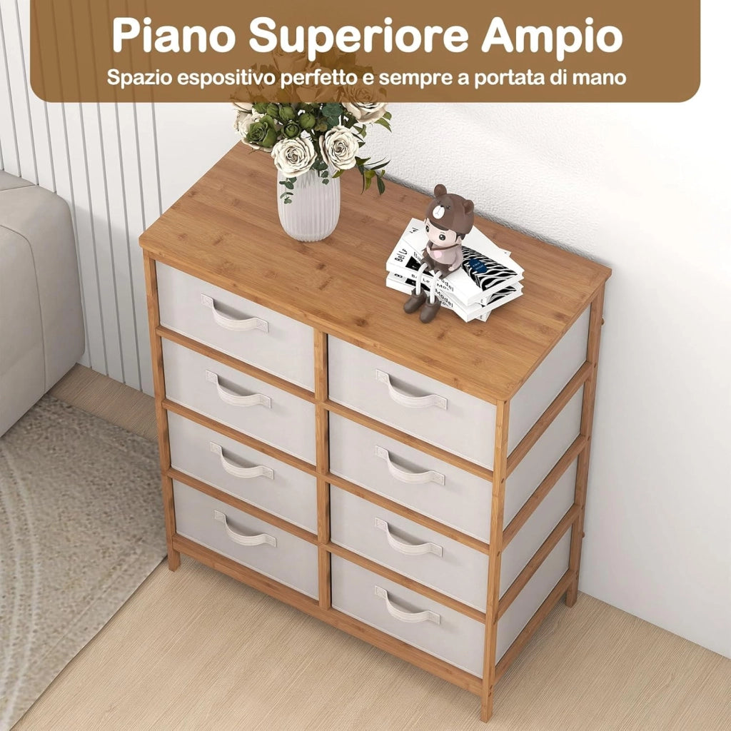 Cassettiera con 8 Cassetti, Torre di Stoccaggio in Tessuto di Bambù con Contenitori Rimovibili, Mobile con Cassetti per Guardaroba, Soggiorno, Corridoio, 80 x 40 x 94 cm