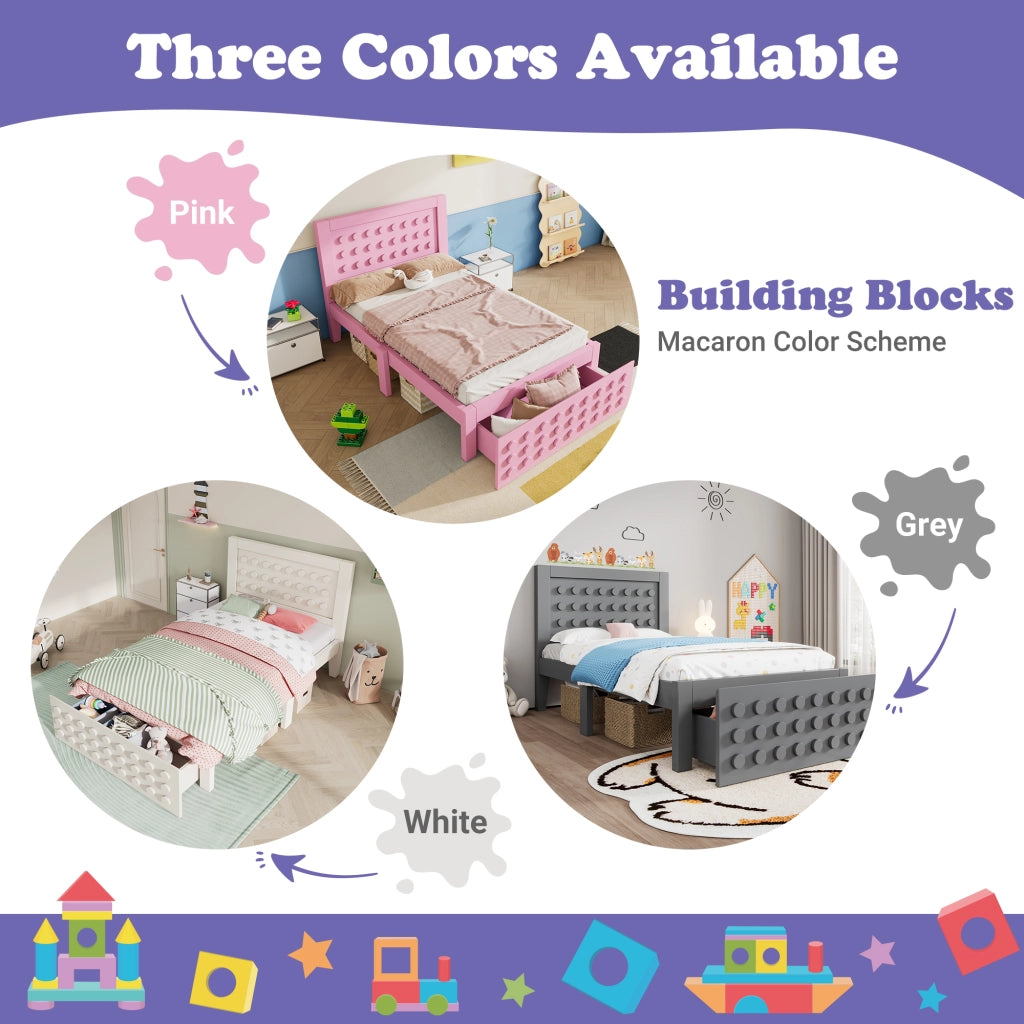 OKWISH Letto Bambini 90×200 cm, Letto Singolo con 1 Cassetto, Spazio contenitore sotto Letto e Bordi Smussati, senza Materasso, Legno, Rosa