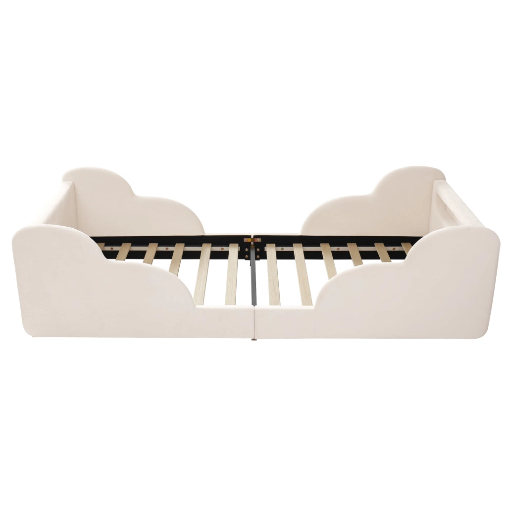 Letto singolo 90x200 cm in velluto beige con spondine imbottite, luci e porte USB, rete inclusa