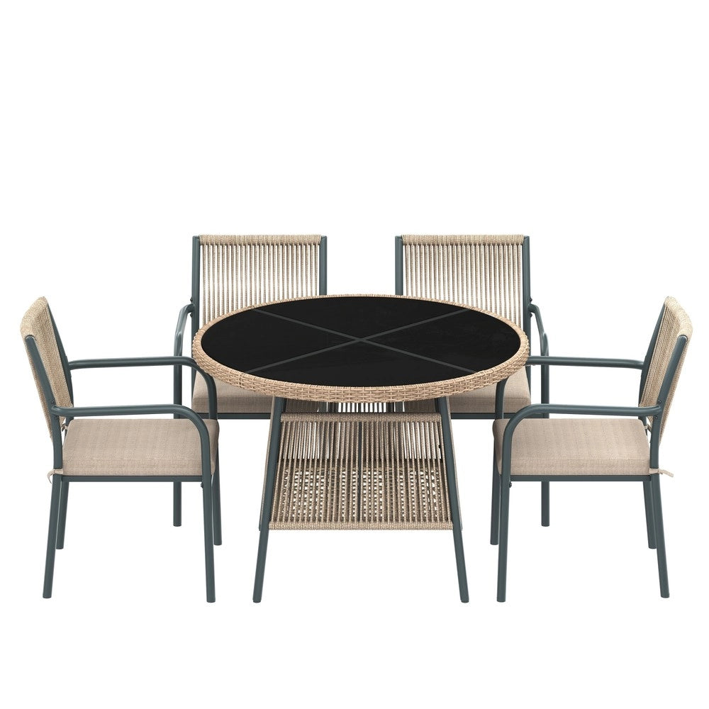 Set Tavolo Rotondo in Rattan con Vetro e 4 Sedie con Braccioli da Giardino ¨C Xylo ¨C Antracite