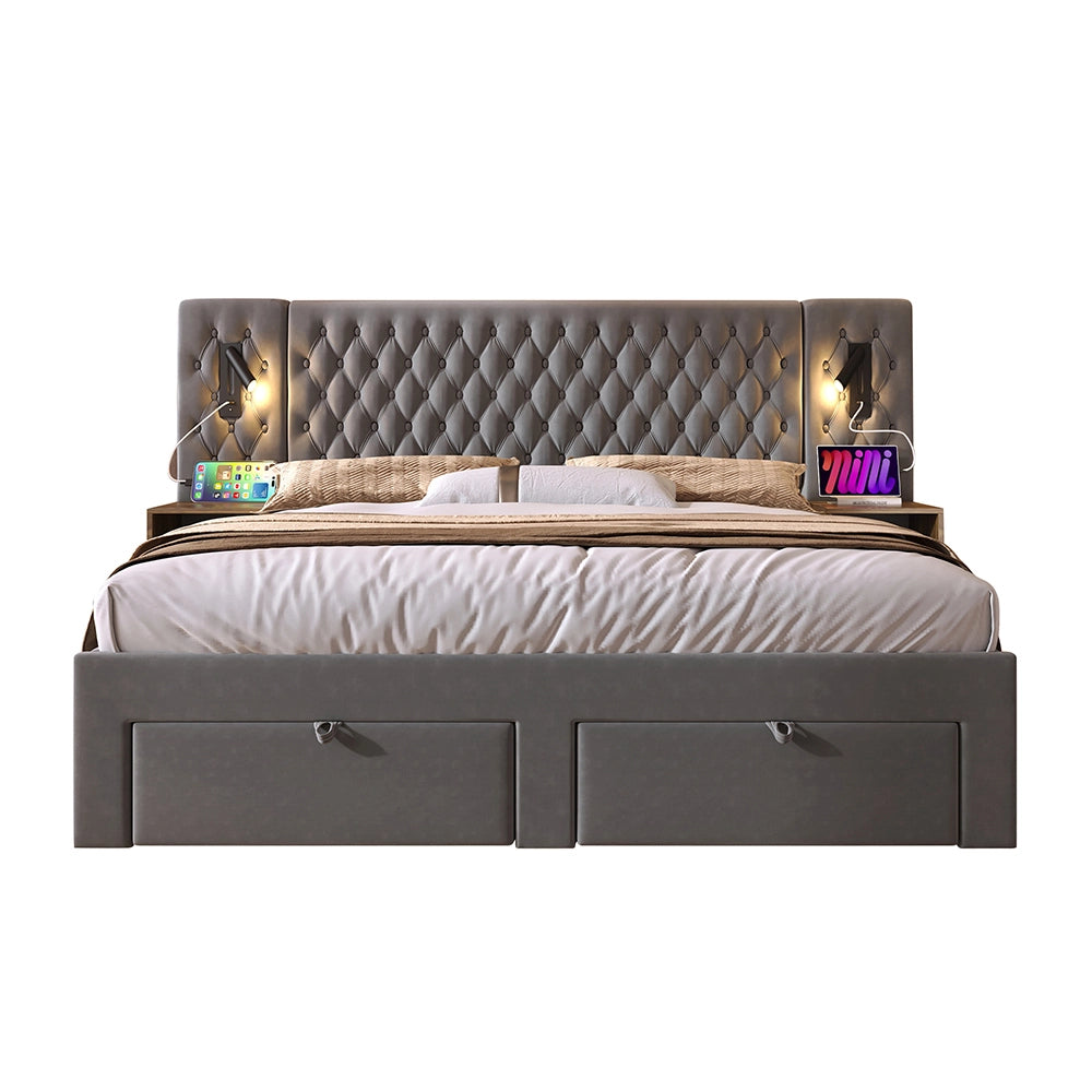 Letto con contenitore 180x200 cm - Xylo - 2 comodini, 4 cassetti, USB, velluto grigio