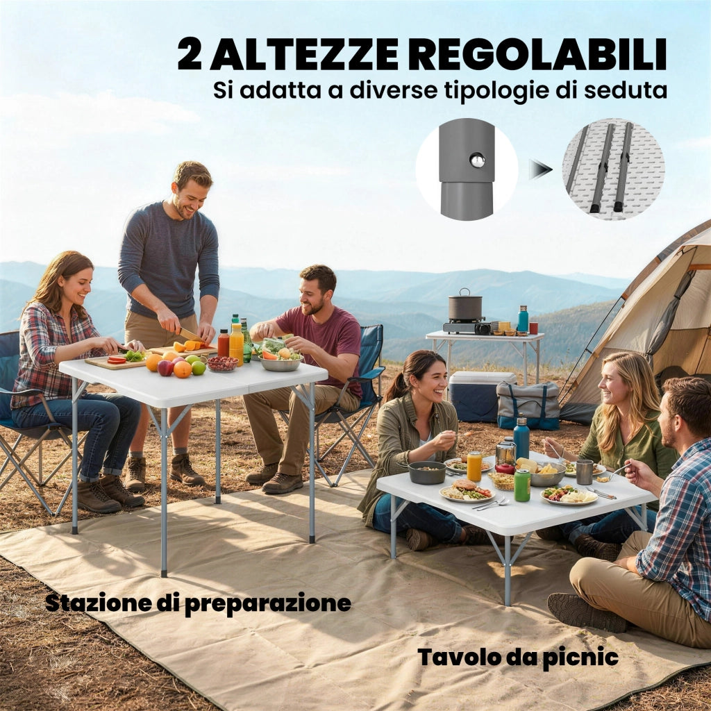 Tavolo da Campeggio Pieghevole Quadrato, in Metallo e HDPE, 86x86x74 cm, Bianco