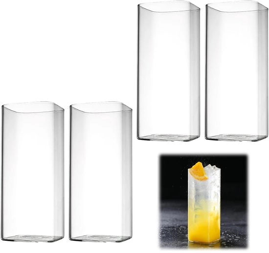 Set di 4 bicchieri da lungo drink in vetro trasparente, 400 ml, bicchieri quadrati sottili, set di 4 bicchieri da lungo drink, bicchieri eleganti per acqua, succo, birra e cocktail, per party e occasioni moderne