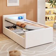 Letto Singolo Imbottito per Bambini con LED e Contenitore Idraulico ¨C MINIMAL ¨C Velluto Beige 90x200
