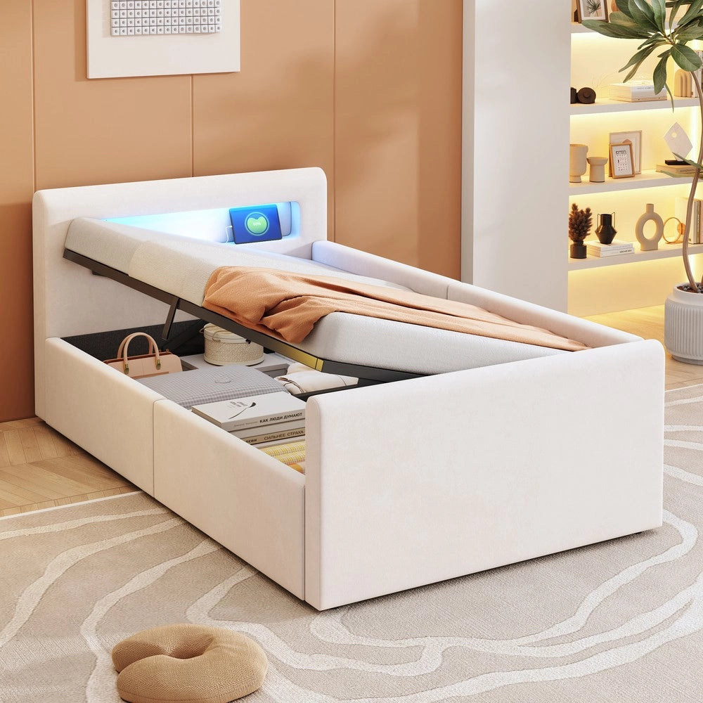 Letto Singolo Imbottito per Bambini con LED e Contenitore Idraulico ¨C MINIMAL ¨C Velluto Beige 90x200