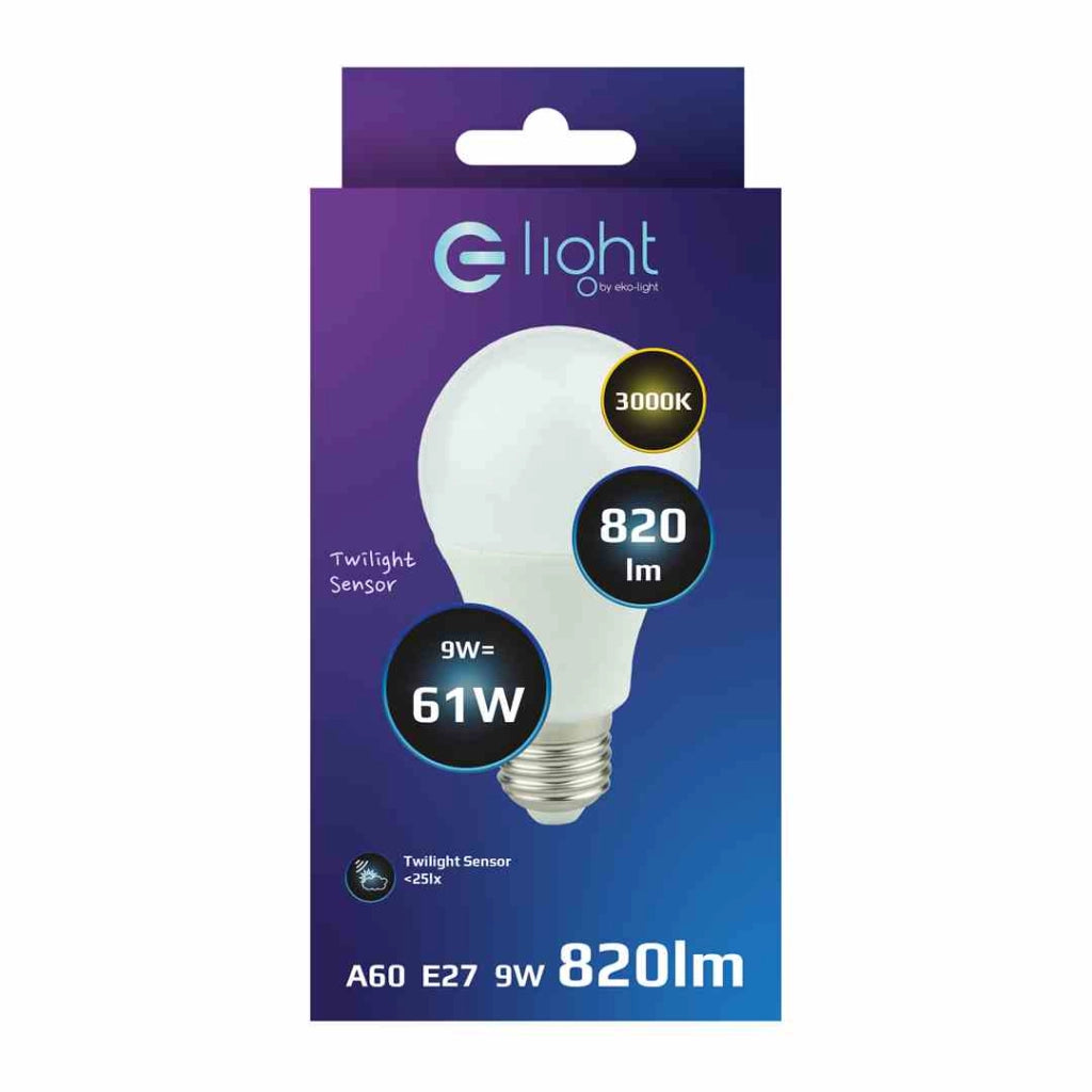 Lampadina LED 9W E27 3000K 820lm dimmer sensore crepusc.
