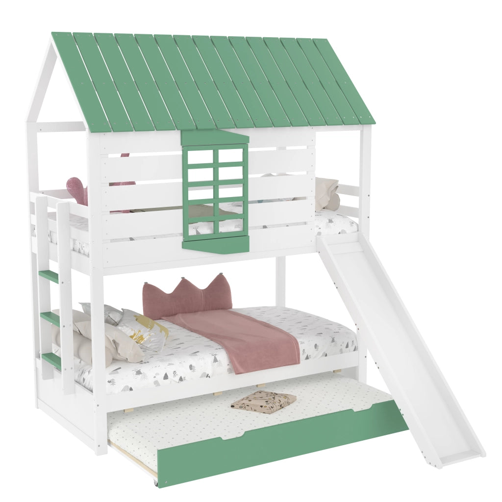 Letto a Castello 3 Posti con Scivolo e Letto Estraibile; 90×200 cm; senza Materasso; in MDF e Legno; Bianco e Verde