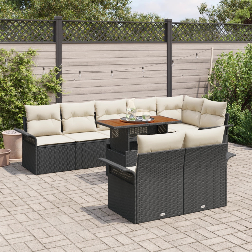 Set da pranzo da giardino 9 pezzi con cuscini neri in polyrattan e acacia