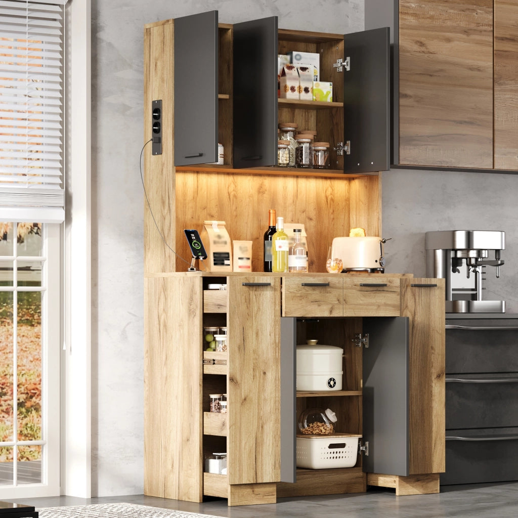 Credenza alta con 4 cassetti e 4 vani; LED e prese USB per cucina in MDF 100x40x180 cm nero naturale
