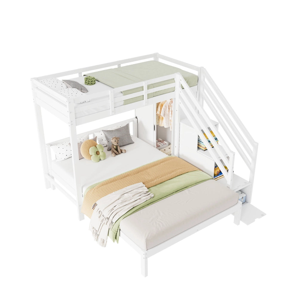 OKWISH Letto a Castello 90×200 cm e 140×200 cm, Letto 3 Posti con Armadio, Scala Contenitore e Mensole, senza Materasso, Bianco