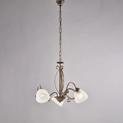 Lampadario Forgiato 3 Luci Ferro Marrone E Oro Vetro Bianco