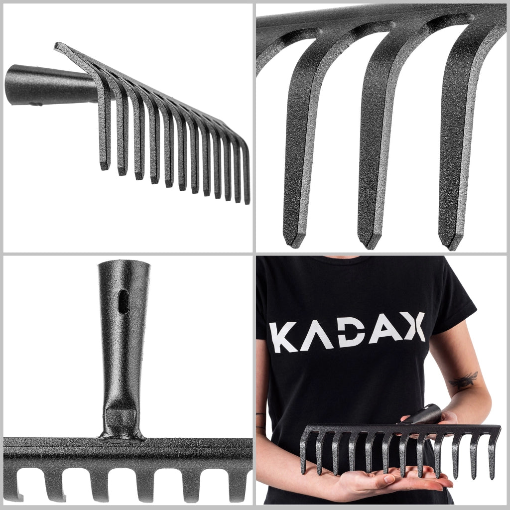 Rastrello per foglie in acciaio KADAX a 12 denti, senza manico, per terra ed erba.